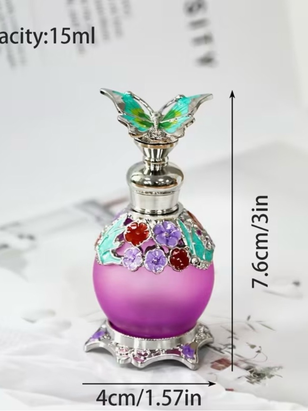 Purple Floral Butterfly Perfume Bottle - Mini Decorative Vanity Accent